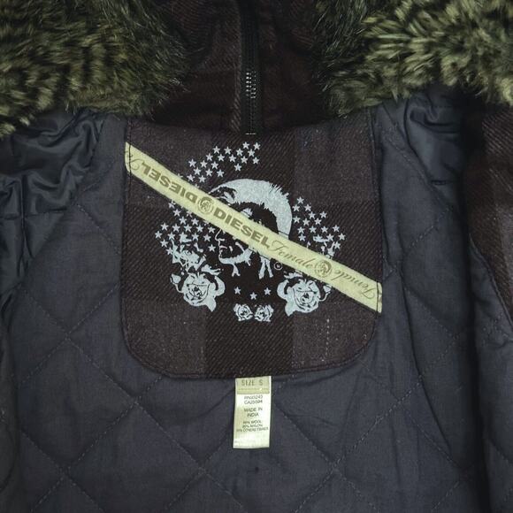 DIESEL Genuine Sheep Fur Wool Convertible Hood Plaid Parka Coat Jacket Maroon S - Picture 9 of 12